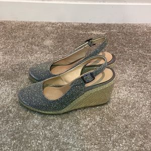 Dune glitter fabric slingback wedge